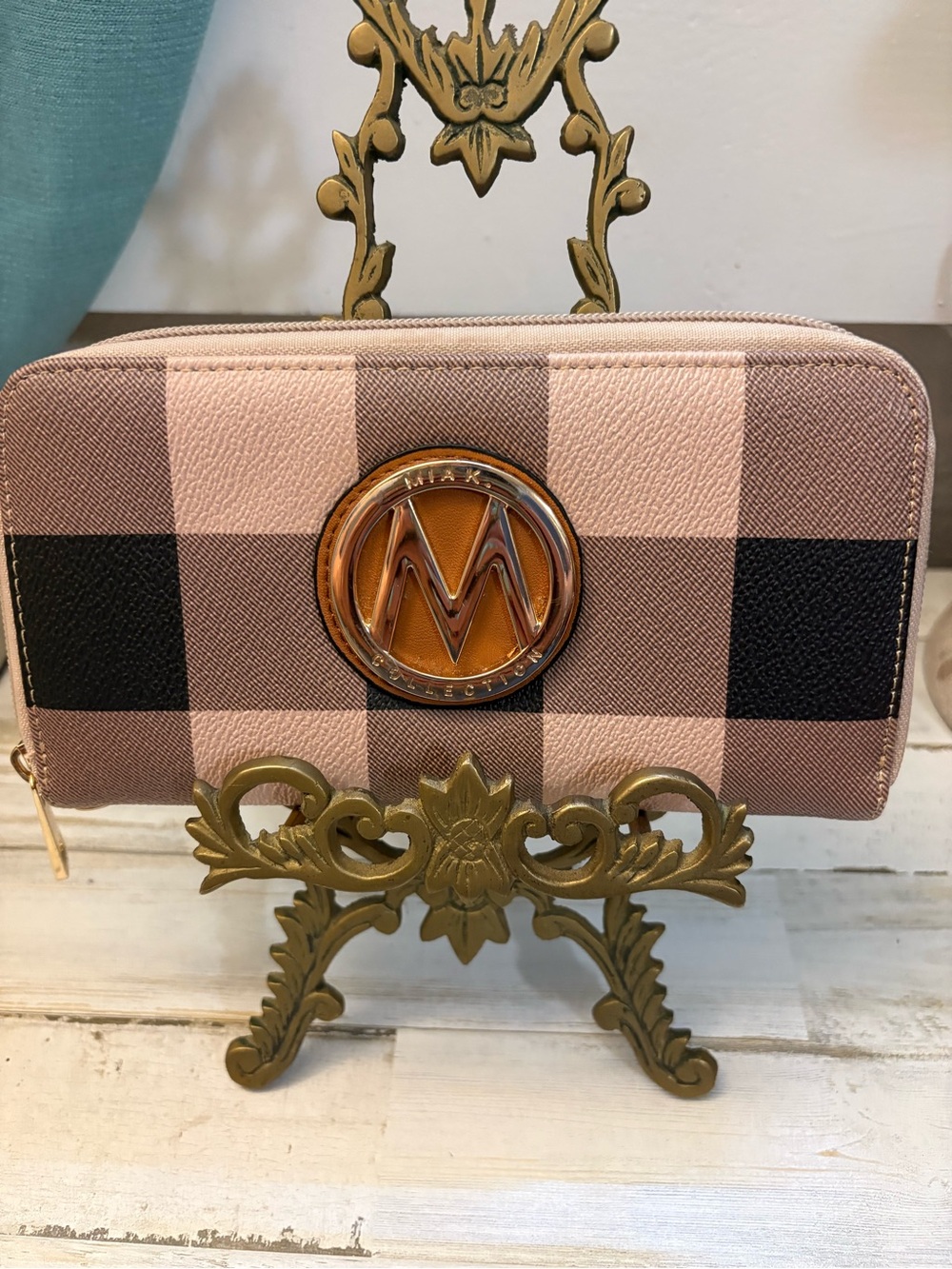 MK Collection Pink Plaid Zip Wallet with Gold Emblem